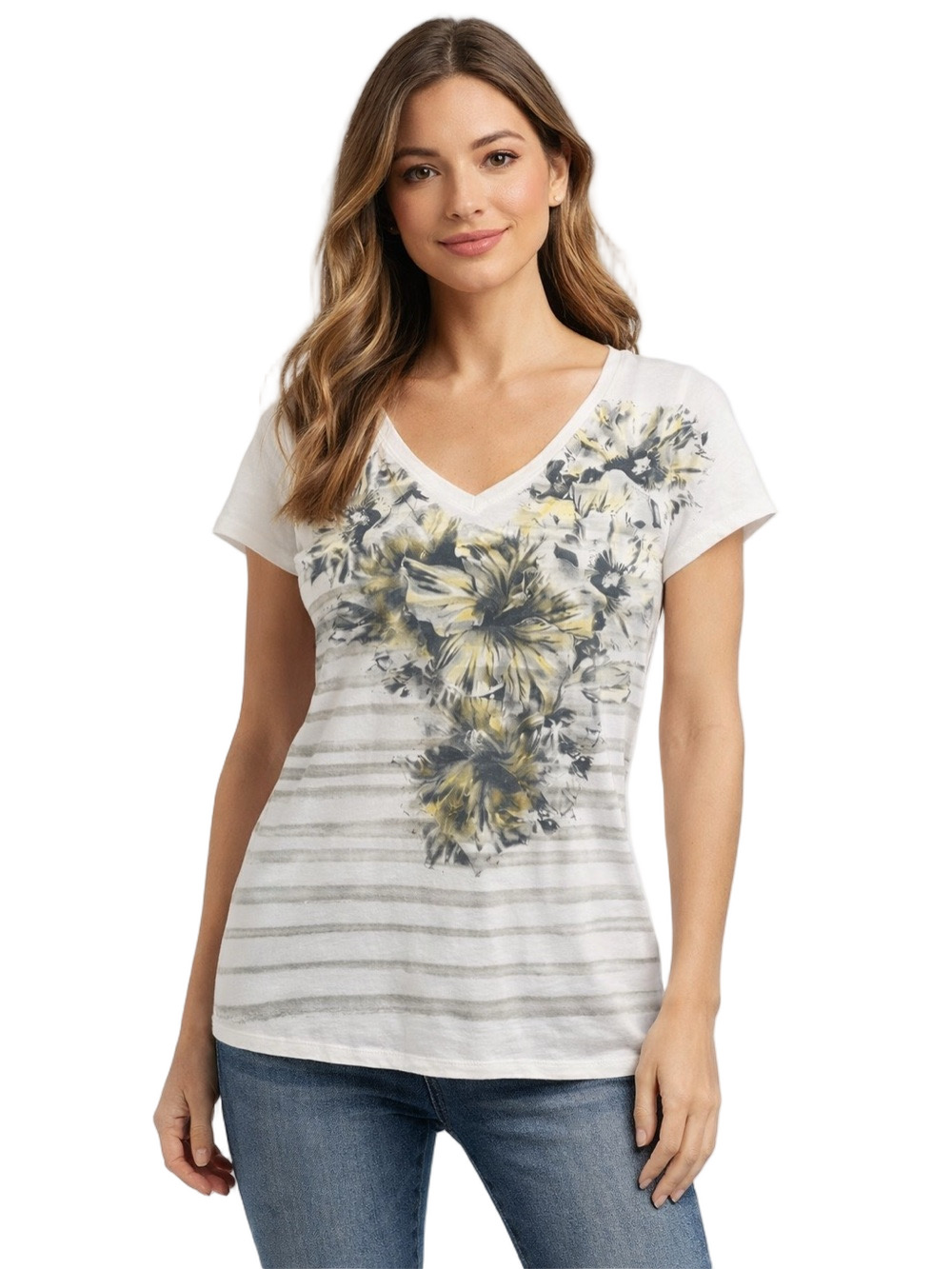 New York & Company Cream V-Neck Floral Stripe Short Sleeve Tee